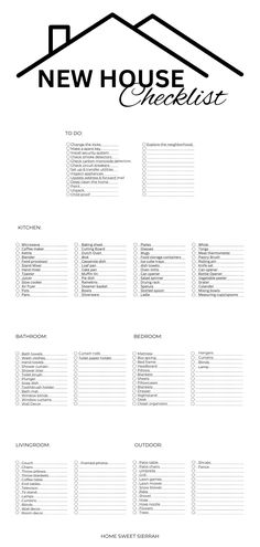 Free Printable New House Checklist Checklist Moving Into New Home, Checklist For New Home, 1st Home Checklist, House List Checklist, List Of Things For New Home, New Home Packing List, New House List To Buy, Moving New House Checklist