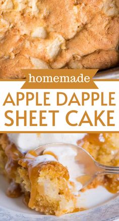 homemade apple dapple sheet cake on a white plate with a spoon in it