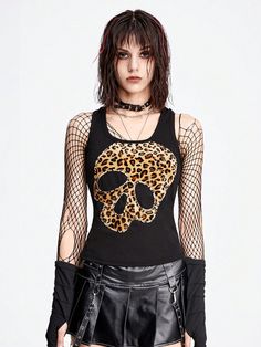 Black Casual Collar  Fabric Colorblock,Leopard Print,Textured Pattern Tank Embellished Medium Stretch  Women Clothing Halloween Punk Stretch Tops, Black Emo Tops For Club, Edgy Fitted Tank Top For Fall, Black Punk Tank Top For Party, Fitted Black Emo Tank Top, Fitted Black Emo Style Tank Top, Punk Style Tops For Halloween, Punk Style Stretch Tops For Music Festival, Halloween Skull Print Tops For Concert