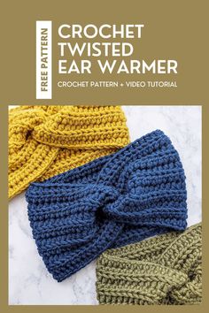 three crochet twisted ear warmers are shown in different colors