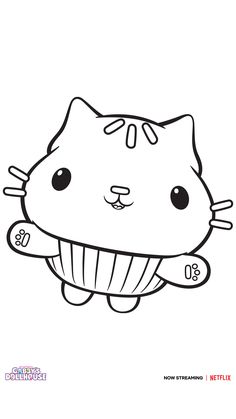 a black and white drawing of a cat in a cupcake