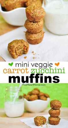 mini veggie carrot zucchini muffins are stacked on top of each other