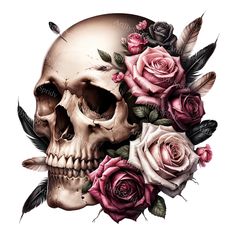 a skull with roses and feathers on it's head is shown in this image