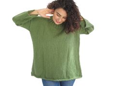 Casual Knit Sweater, Hand Knitted Sweater, Loose Sweater, Red Sweater - Hand Knitted. - Long sleeves. - Crew Neck. - 40% wool - 60% premium acrylic anti allergic yarn. Fuzzy but not itchy. - Photos show green. You can choose your favorite color on color section. I do hand knit all my designs and jumpers, cardigans, gloves, scarf are in a pet-free and smoke-free environment. You do not worry any of those things. Some of yarn materials might smell but it goes away at first washing. Please be aware Stretch Knitted Sweater With Funnel Neck, Green Knitted Winter Tops, Green Relaxed Fit Knitted Sweater, Hand Knitted Jumpers, White Turtleneck Sweater, Stylish Winter Outfits, Womens Sweaters, White Turtleneck, Hand Knitted Sweaters