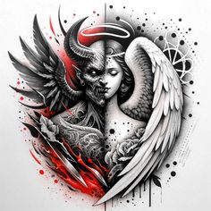 a tattoo design with an angel and demon face on it's chest, surrounded by flames