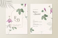 two wedding cards with flowers and leaves on them, one has the letter r in it