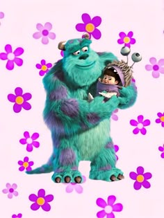 a cartoon character holding a baby in front of purple and pink flowers on a white background