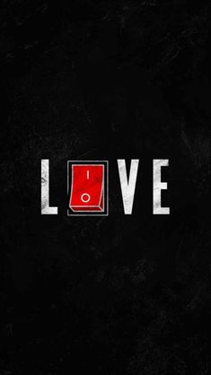 the word love is written in white and red on a black background with a square frame