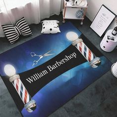 a barber shop rug with scissors and lights on it