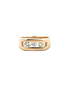 Introducing our exquisite 14KT Yellow Gold Diamond Ring, a testament to timeless elegance and modern design. This piece stands out with its unique feature of three diamonds that seem to float within a meticulously crafted channel setting, creating an illusion of weightlessness and ethereal beauty. These diamonds, with a total weight of .70 carats, radiate with a brilliance that captures the eye and the heart. Their superb clarity and luster are accentuated by the warm glow of the yellow gold, of Luxury Three Stone Jewelry For Formal Occasions, Luxury Three Stone Formal Jewelry, Luxury Formal Three Stone Jewelry, Classic Rose Gold Channel Set Rings, Modern Channel Set Jewelry For Anniversary, Classic Three Stone Rose Gold Jewelry, Classic Three-stone Rose Gold Jewelry, Formal Three Stone Rose Gold Ring, Classic Rose Gold Three-stone Jewelry