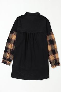 Embrace the spirit of the West with our **Plaid Prairie Charm Jacket**. This true-to-size button-up jacket is perfect for fall, offering a blend of casual comfort and stylish flair. Crafted from a soft yet durable mix of 65% Polyester and 35% Cotton, this jacket features a classic black base with trendy plaid patchwork on the sleeves and pockets, adding a playful twist to a timeless design. The collared neckline and shift silhouette give it a laid-back vibe, making it the perfect piece for layer Casual Patchwork Button-up Outerwear, Relaxed Fit Shacket For Fall Outdoor Activities, Relaxed Fit Shacket For Outdoor Fall Activities, Fall Outdoor Shacket With Buttons, Casual Button-up Patchwork Outerwear, Casual Plaid Patchwork Outerwear, Casual Plaid Outerwear For Layering, Relaxed Fit Patchwork Button-up Outerwear, Black Cotton Long-sleeved Shacket