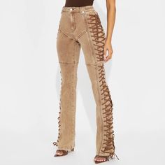 These Were In High Demand And Sold Out. Fit True To Size And Figure Flattering. Never Worn. I Put Size 4 Bc It Didn't Show Small But They Just Say Small No Specific Sizing. Black Flare Pant, Going Out Pants, Mexico Outfits, Lace Up Jeans, Drawstring Jeans, Metallic Jeans, Cowboy Outfits, Flare Pant, Khaki Fashion