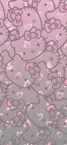 the hello kitty wallpaper is pink and grey with hearts on it's side