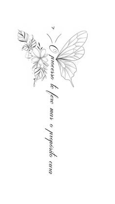 a black and white drawing of a butterfly with flowers on it's back side