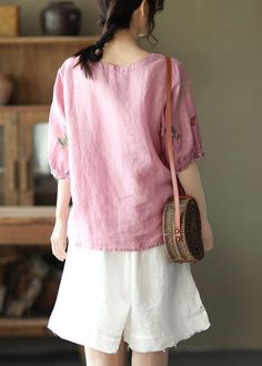 Women Pink O-Neck Embroideried Summer Ramie Blouses Half SleeveFabric: Ramie100% LinenSize & Fit: Fit: This garment fits true to size.Length: Size M measures 23.01"from shoulder to hemBust: Great for any cup size. Waist: Loose Fit. Comfortable room throughout midsection.Hip: Loose Fit - room for hips. Hand Wash Cold. Casual Pink V-neck Embroidered Top, Relaxed Fit Embroidered Crew Neck Top For Spring, Casual Blouse With Floral Embroidery And Half Sleeves, Casual Linen Blouse With Floral Embroidery, Casual Embroidered Linen Tops, Casual Embroidered V-neck Top, Short Sleeve Linen Top With Floral Embroidery, Short Sleeve Linen Tops With Floral Embroidery, Casual Linen Tops With Floral Embroidery