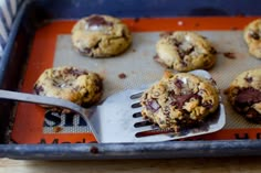 chocolate chip cookies on a baking sheet with a spatula