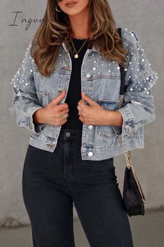 Ingvn - Casual Solid Beading Turndown Collar Long Sleeve Denim Jacket Light Blue / S Denim/Denim Loose Cotton Pants, Denim Style Casual, Suit Type, Long Sleeve Suit, Casual Denim Jacket, Fall Blazer, Long Sleeve Denim Jacket, Grunge Streetwear, Top Clothing