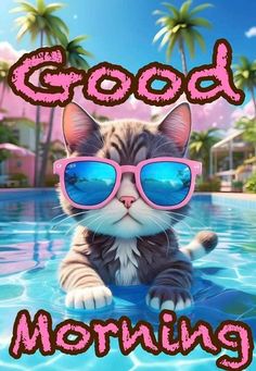 a cat wearing sunglasses sitting on top of a swimming pool with the words good morning