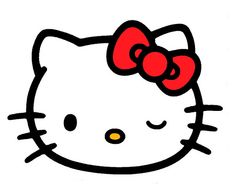 a hello kitty face with a red bow on it's head and yellow eyes