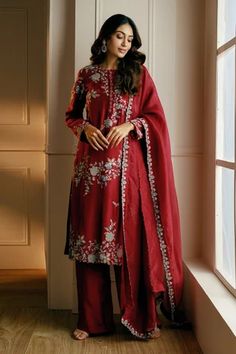 Shop for Nehha Nhata Maroon Silk Floral Embroidered Kurta Set for Women Online at Aza Fashions Ali Xeeshan, Gul Ahmed, Embroidered Leather, Organza Dupatta, Pashmina Shawl, Shalwar Kameez, Pure Joy, Suit Fabric, Luxury Collection