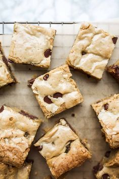 chocolate chip cookie bars on a baking sheet