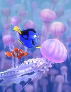 an animated character is flying through the air with jellyfish in front of them,