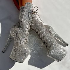 "Diamonds are a girl's best friend" - Marilyn Monroe 💎 Took the Glitteratis and Made Them Xtra for the Baddest & Sparkliest in the Game 💸 😎 Perfect for club use, photoshoots and just feelin' fancy. They do not grip. ✨ Chunky Glitter Finish - mid level durability, minimal glitter shedding💕 Pointe-Friendly Platforms🔥 Designed by Dancers💚 Vegan Materials, Always Make your boots even more XTRA with our Sparkle shoe laces in Silver & Gunmetal, then turn it up with Sparkle HOAH bikinis! ⚠️ Glitt Thigh High Heels, Clear Shoes, Pole Wear, Sparkle Shoes, The Baddest, Limited Edition Shoes, Silver Lace, Thigh Boot, Boots Knee