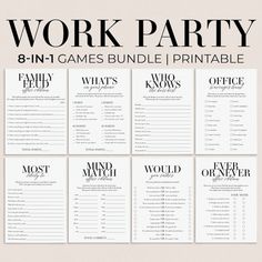 the printable work party game is shown in black and white