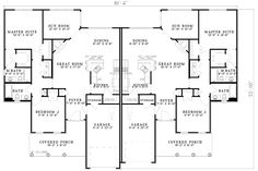 the floor plan for a three story house with four bedroom and two bathroom areas on each side