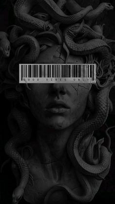 a woman with a barcode on her face and snakes around her head, in black and white