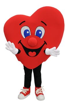 a red heart mascot standing with his hands out