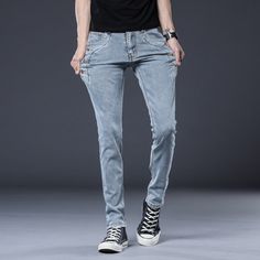 Camilo is designed to outclass everything in your closet. Crafted on a stretchable lightweight fabric, these light wash denim pants rise from a mid-waist with a pencil fit leading to an ankle length.Styling Tips:Style it with hi-top sneakers and accessories according to your mood. Color: Black, BluePant Length: FullSilhouette: SlimPant Style: StraightWash: Light Wash DenimMaterial: DenimFit Type: SlimImported Update: This product is in high demand so you may experience a slight delay in shipping Pencil Pant, Mens Fashion Jeans, Denim Jeans Men, Hi Top, Young Fashion, Pencil Pants, Hem Style, Type Of Pants, Jeans Men