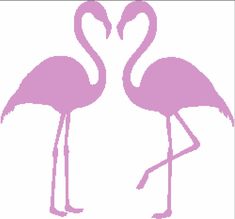 two pink flamingos standing next to each other with their beaks in the shape of hearts