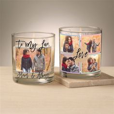 two personalized glass candles with pictures on them and the words to my love are shown