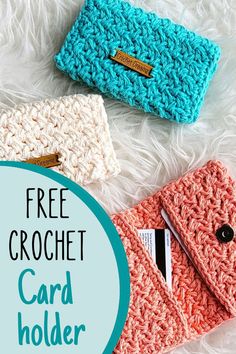 three crochet card holders with text overlay that says free crochet card holder