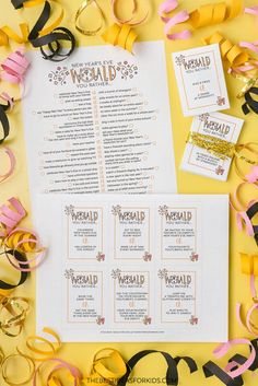 the wedding ceremony program is displayed with ribbons and confetti on yellow paper surrounded by streamers