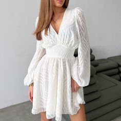 Women's 2024 Summer Holidy Dress V-Neck Long Sleeve Mini Dresses Holiday Dress White V-neck Mini Dress For Fall, White V-neck Dress For Spring Night Out, White V-neck Dress For Night Out In Spring, V-neck Dresses For Spring Night Out, White Surplice Neckline Mini Dress For Party, Spring V-neck Long Sleeve Dress For Party, White Mini Dress With Surplice Neckline For Party, White Long Sleeve Mini Dress For Summer, Chic Long Sleeve V-neck Dress For Summer