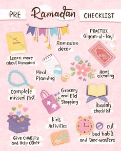 the ramaan checklist is shown on a pink background with other items and words