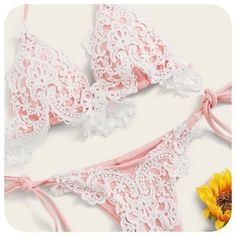 Crochet Lace Appliqu Bikini Set, L - Nib - [ ] Triangle Contrast Lace With Adjustable Neck & Tie Back Closure. Removable Padding. - [ ] Side Tie Bikini Bottoms With Lace Crochet Contrast. Bust: 37.8” | Waist: 29.9” | Top Length: 7.5” | Bottoms Length: 9.8” Romantic, Fun, Flirty, Sexy, Boho Bin: Lace Swimwear For Summer Parties, White String Swimwear For Summer, Lace Fitted Swimwear For Vacation, White Lace Beach Swimwear, White Lace Swimwear For The Beach, White Fitted String Swimwear, Beachwear Swimwear With Lace Trim Triangle Top, Triangle Top Swimwear With Lace Trim For Vacation, Lace Trimmed Beachwear Swimwear