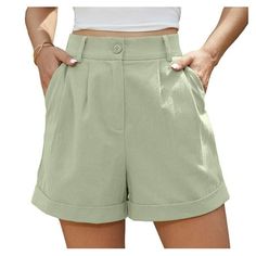 Asklazy linen shorts for women with zipper and button closure, and rolled hem design. This pair of women's denim shorts must a classic spring summer addition to any wardrobe. Size: L.  Color: Multicolor.  Gender: female.  Age Group: adult. Wide Leg Shorts, Hem Design, Plus Size Shorts, Denim Shorts Women, Rolled Hem, Drawstring Shorts, Linen Shorts, Shorts With Pockets, Roll Up