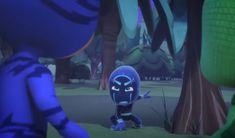 an animated character standing in the middle of a forest