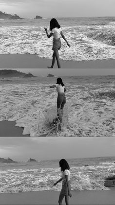 two girls are playing in the water at the beach, and one girl is running into the ocean