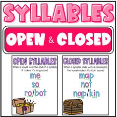 an open and closed sign with the words syllabies written in pink on it