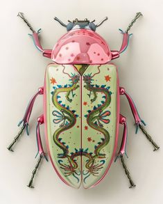 a pink and green bug with two wings on it's back, sitting in front of a white wall