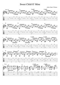 sheet music with the words sweet child o mine