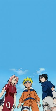 naruto and his friends are standing in front of the blue sky