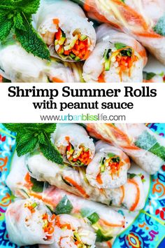 shrimp summer rolls with peanut sauce on a blue and white plate topped with green leafy garnish