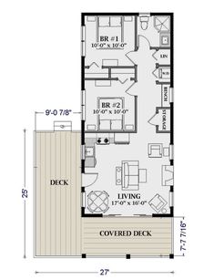 the floor plan for a small house with two bedroom and one bathroom, including an attached deck