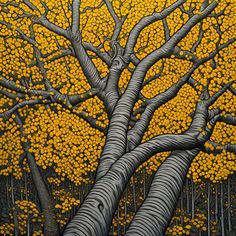 a painting of a tree with yellow leaves on it's trunk and branches in the foreground