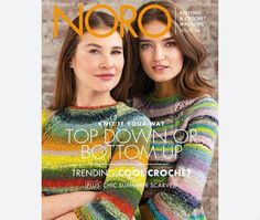 two women standing next to each other on the cover of noro knitting pattern book